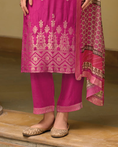 Indyancart VV Zarqash Viscose Self Jacquard Women Kurta and Trouser Duppata Set