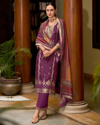 Indyancart VV Rajtilak Viscose Self Jacquard Women Kurta and Trouser Duppata Set