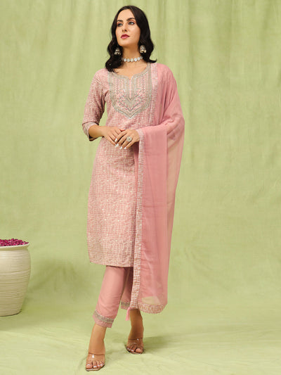 Indyancart VV Kriti Women Kurta and Trouser Duppata Set With Embroidery Cotton Blend