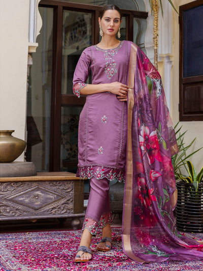 Indyancart VV Women's Viscose Roman Silk Kurta Pant Dupatta Set