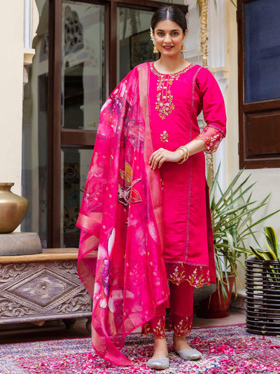 Indyancart VV Women's Viscose Roman Silk Kurta Pant Dupatta Set