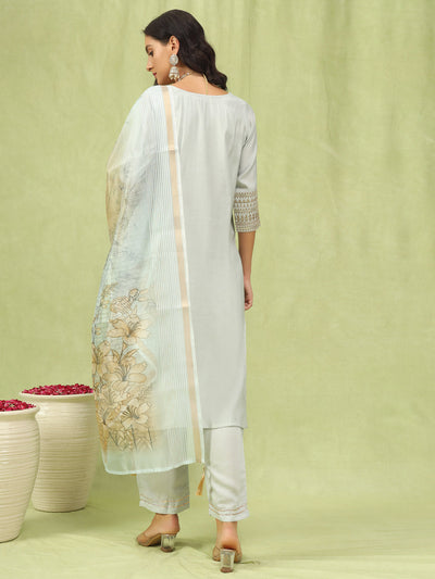 Indyancart VV Agni Womens Viscose Roman Silk Embroidery Straight Kurta Pant with Dupatta Set