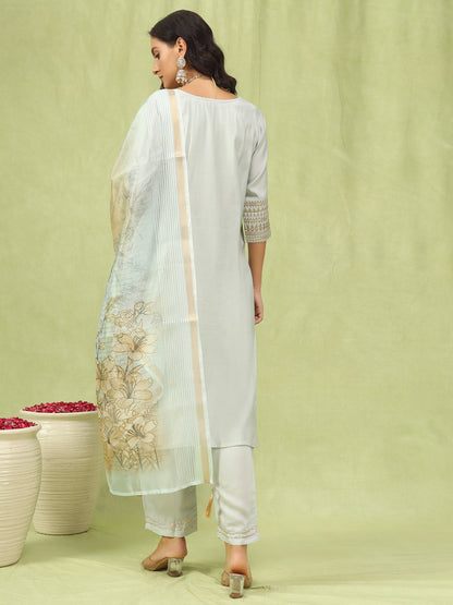 Dhiyona VV Agni Womens Viscose Roman Silk Embroidery Straight Kurta Pant with Dupatta Set