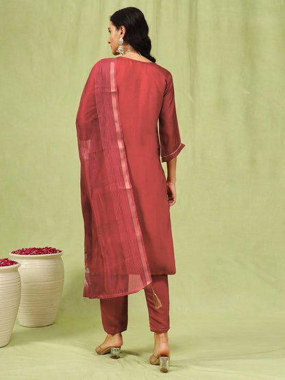 Dhiyona VV Aishwarya Womens Viscose Roman Silk Embroidery Straight Kurta Pant with Dupatta Set