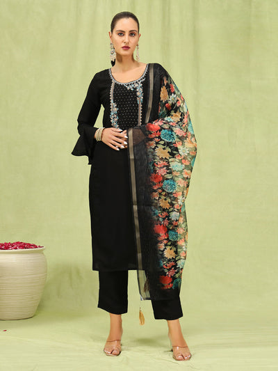 Indyancart VV Amisha Womens Viscose Roman Silk Embroidery Straight Kurta Pant with Dupatta Set