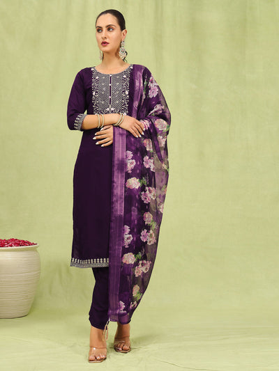 Indyancart VV Anamika Womens Viscose Roman Silk Embroidery Straight Kurta Pant with Dupatta Set