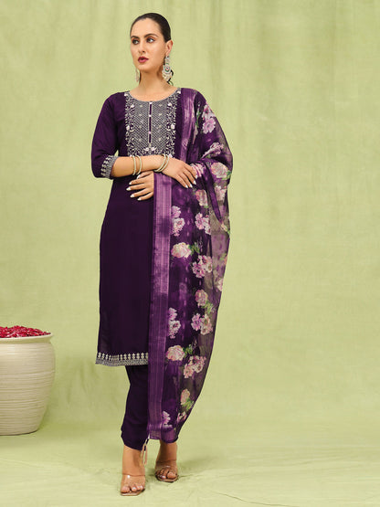 Dhiyona VV Anamika Womens Viscose Roman Silk Embroidery Straight Kurta Pant with Dupatta Set