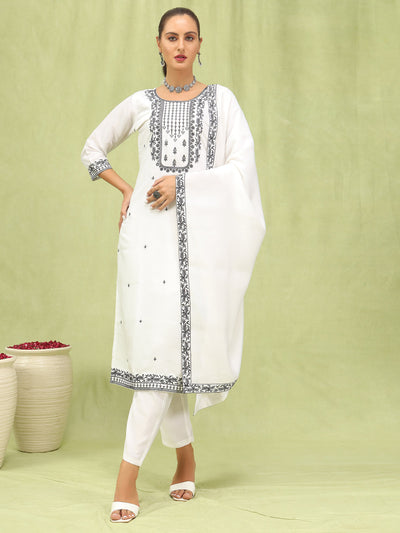 Indyancart VV Hansika Womens Viscose Roman Silk Embroidery Straight Kurta Pant with Dupatta Set