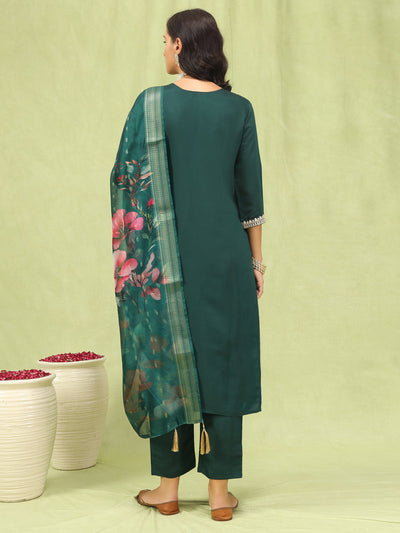 Indyancart VV Anjali Womens Viscose Roman Silk Embroidery Straight Kurta Pant with Dupatta Set