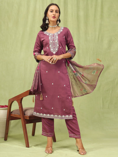 Indyancart VV Paavani Viscose Roman Silk Embroidery Straight Kurta Pant with Organza Dupatta Set