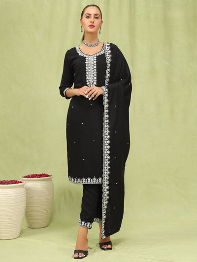 Indyancart VV Naysa Womens Viscose Roman Silk Embroidery Straight Kurta Pant with Dupatta Set