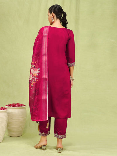 Indyancart VV Sanjana Womens Viscose Roman Silk Embroidery Straight Kurta Pant with Dupatta Set
