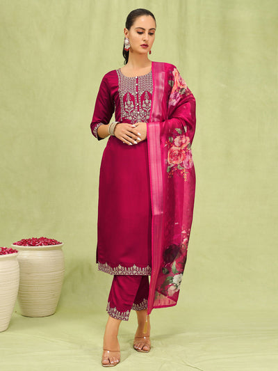 Indyancart VV Sanjana Womens Viscose Roman Silk Embroidery Straight Kurta Pant with Dupatta Set