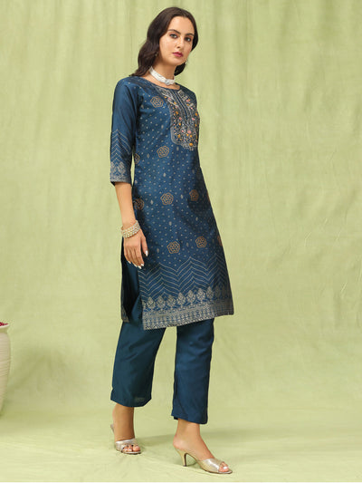 Indyancart VV Ganga Women Cotton Silk Blend Straight Suit Set with Handwork