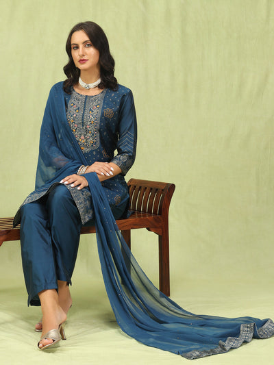 Indyancart VV Ganga Women Cotton Silk Blend Straight Suit Set with Handwork