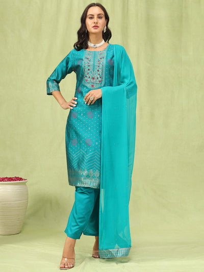 Indyancart VV Kavya Women Cotton Silk Blend Kurta and Pant Sets with Handwork and Dupatta
