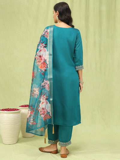 Indyancart VV Gauri Womens Viscose Roman Silk Embroidery Straight Kurta Pant with Dupatta Set