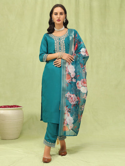 Indyancart VV Gauri Womens Viscose Roman Silk Embroidery Straight Kurta Pant with Dupatta Set