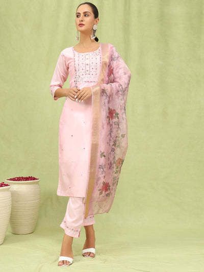Indyancart VV KesarSaga Pink Women Silk Blend Kurta and Trousers Pant Set