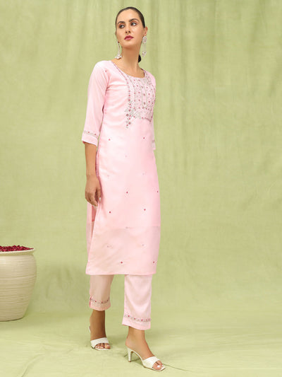 Indyancart VV KesarSaga Pink Women Silk Blend Kurta and Trousers Pant Set