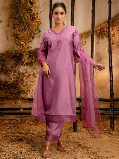 Indyancart VV Women's Silk BlendEmbroidered Kurta And Pant Set With Dupatta