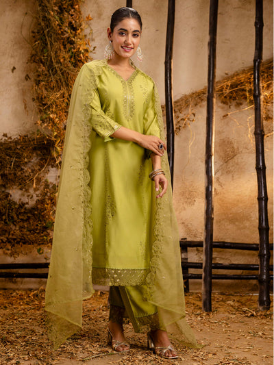 Indyancart VV Women's Silk BlendEmbroidered Kurta And Pant Set With Dupatta