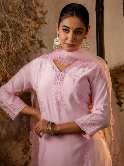 Indyancart VV Women's Silk BlendEmbroidered Kurta And Pant Set With Dupatta
