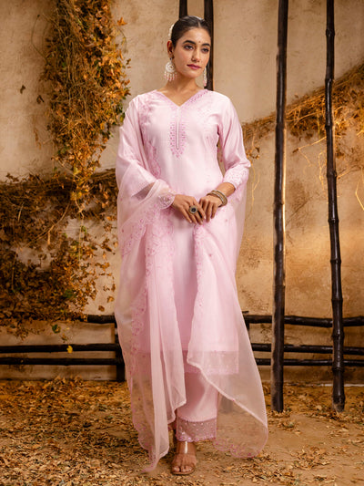 Indyancart VV Women's Silk BlendEmbroidered Kurta And Pant Set With Dupatta