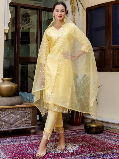 Indyancart VV Women's Silk BlendEmbroidered Kurta And Pant Set With Dupatta