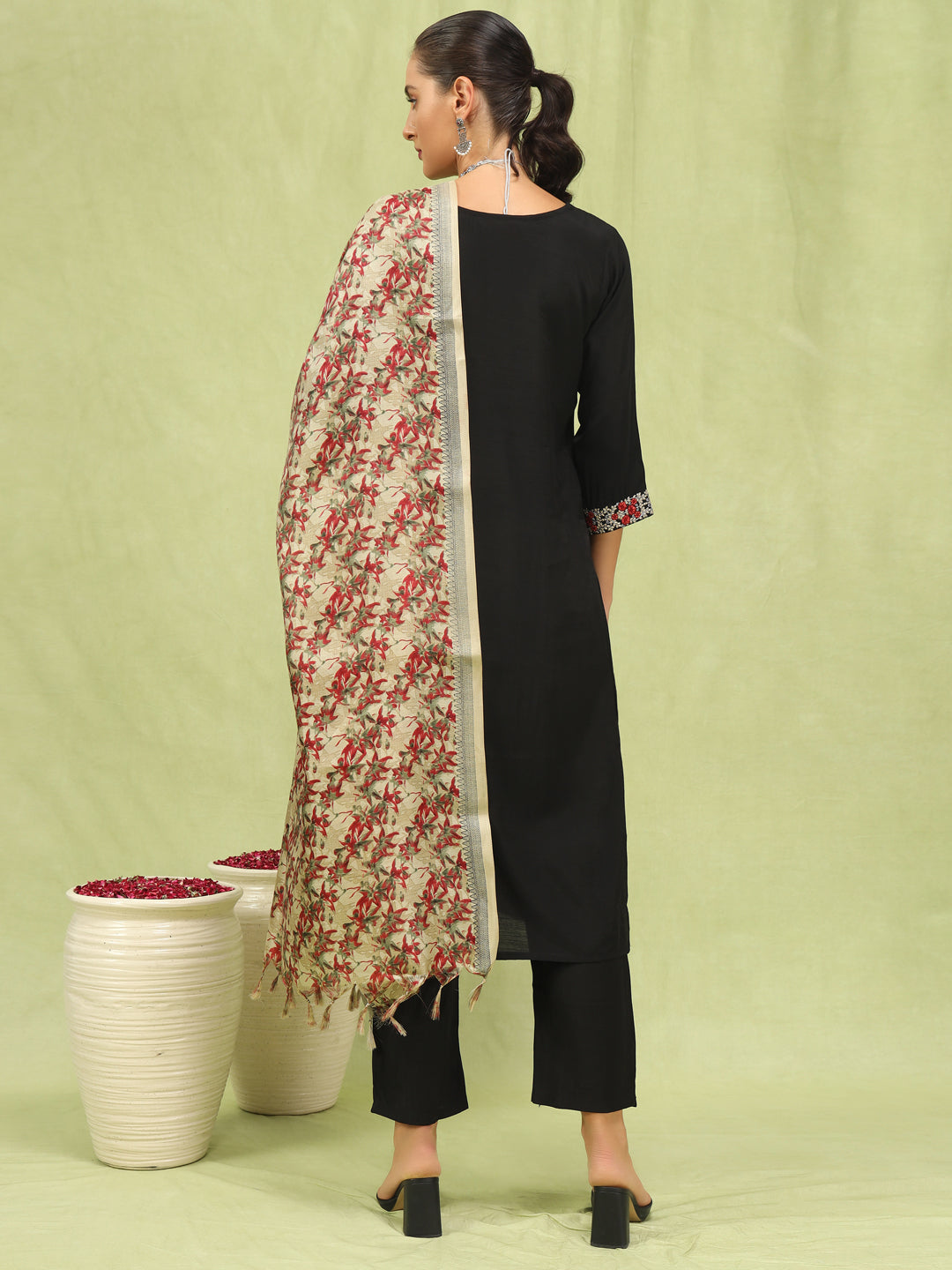 Dhiyona VV Women's Viscose Roman Silk Embroidery Straight Kurta Pant with Dupatta Set
