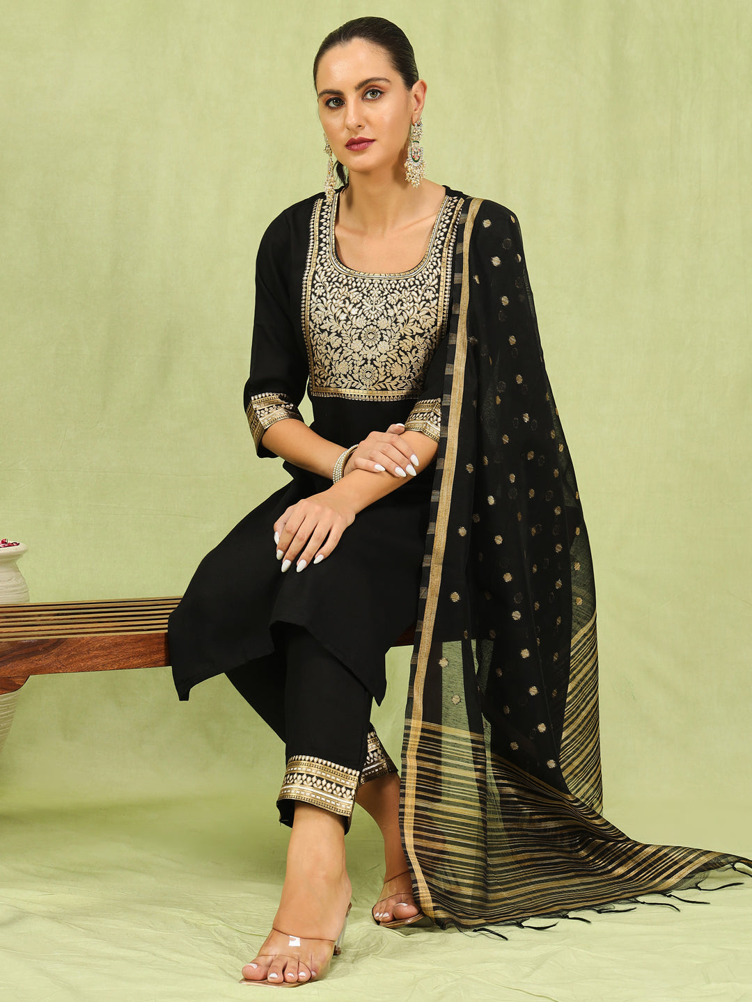 Dhiyona VV Women's Cotton Blend Kurta Pant Dupatta Set