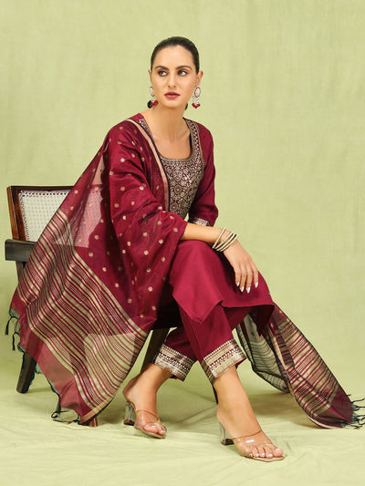 Indyancart VV Women's Cotton Blend Kurta Pant Dupatta Set