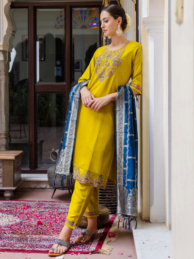 Indyancart VV Women's Viscose Rayon Embroidered Straight Kurta with Pant & Dupatta Set
