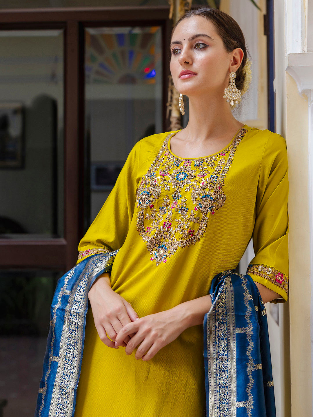 Dhiyona VV Women's Viscose Rayon Embroidered Straight Kurta with Pant & Dupatta Set