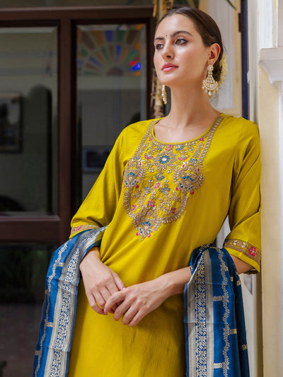 Indyancart VV Women's Viscose Rayon Embroidered Straight Kurta with Pant & Dupatta Set