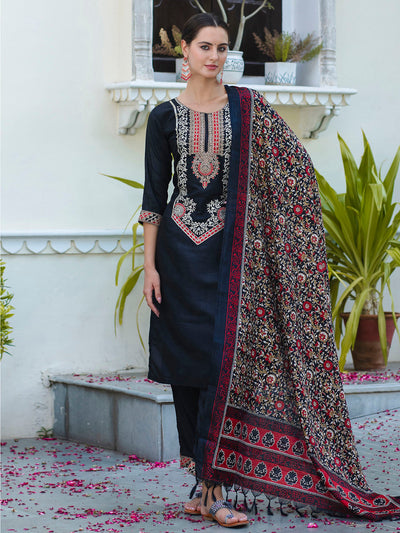 Indyancart VV Women's Embroidered Silk Blend Calf Length Straight Kurta Trouser with Dupatta Set