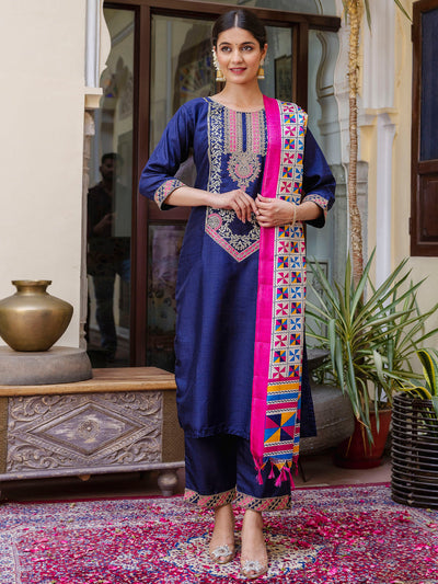 Indyancart VV Women's Embroidered Silk Blend Calf Length Straight Kurta Trouser with Dupatta Set