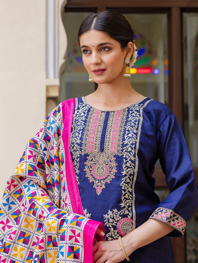 Indyancart VV Women's Embroidered Silk Blend Calf Length Straight Kurta Trouser with Dupatta Set