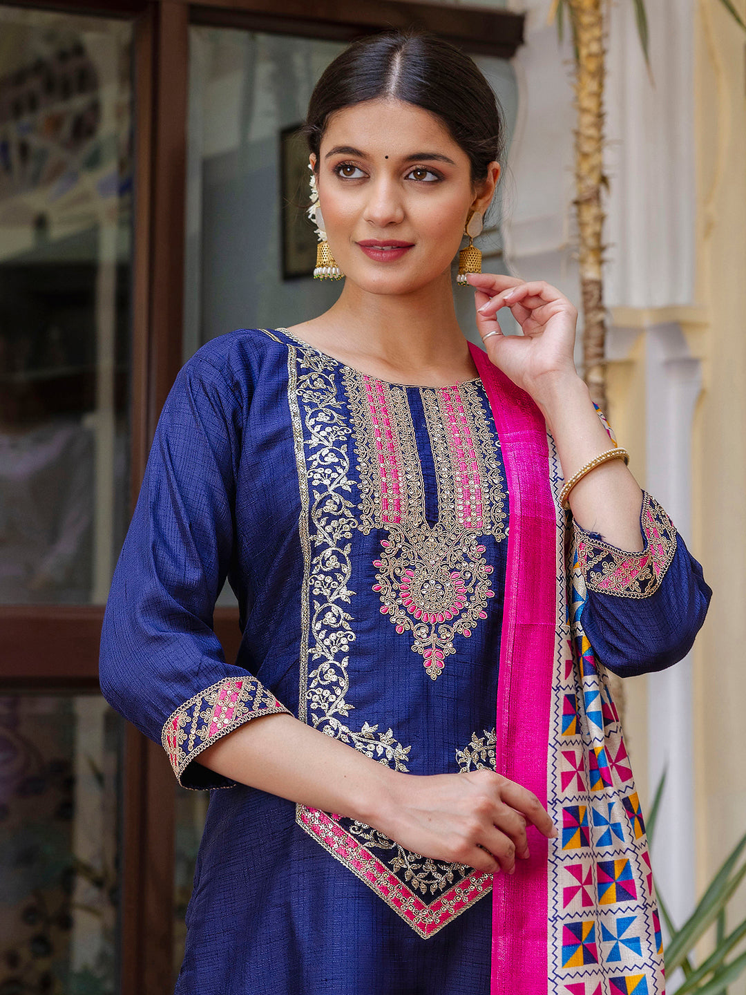 Dhiyona VV Women's Embroidered Silk Blend Calf Length Straight Kurta Trouser with Dupatta Set
