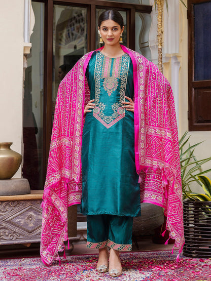 Dhiyona VV Women's Embroidered Silk Blend Calf Length Straight Kurta Trouser with Dupatta Set