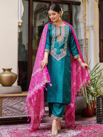 Indyancart VV Women's Embroidered Silk Blend Calf Length Straight Kurta Trouser with Dupatta Set