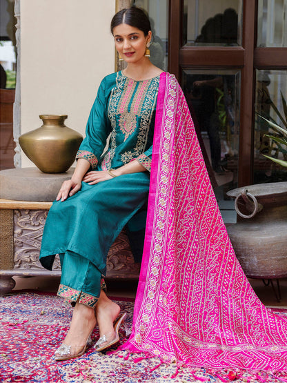 Dhiyona VV Women's Embroidered Silk Blend Calf Length Straight Kurta Trouser with Dupatta Set