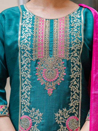 Dhiyona VV Women's Embroidered Silk Blend Calf Length Straight Kurta Trouser with Dupatta Set