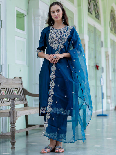 Indyancart VV Women's Silk Blend Kurta Pant Dupatta Set