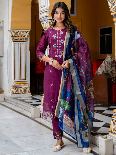 Indyancart VV Women's Silk Blend Kurta Pant Dupatta Set