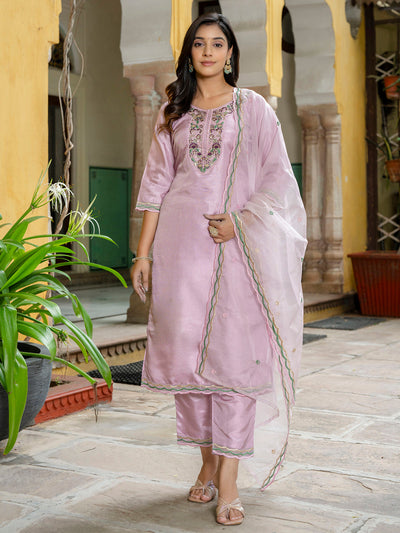 Indyancart VV Women's Silk Blend Kurta Pant Dupatta Set