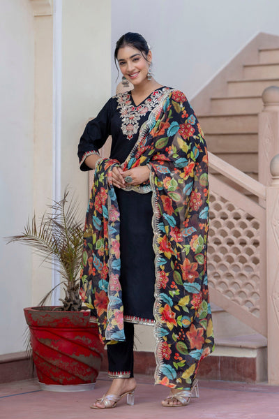 Indyancart VV Women's Silk Blend Kurta Pant Dupatta Set