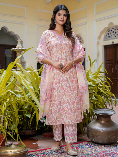 Indyancart VV Women Cotton Blend Kurta Pant Dupatta Set