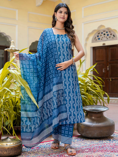 Indyancart VV Women Cotton Blend Kurta Pant Dupatta Set