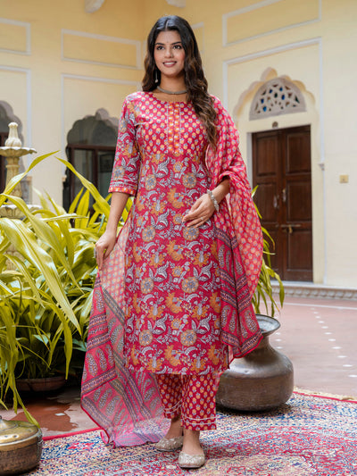 Indyancart VV Women Cotton Blend Kurta Pant Dupatta Set